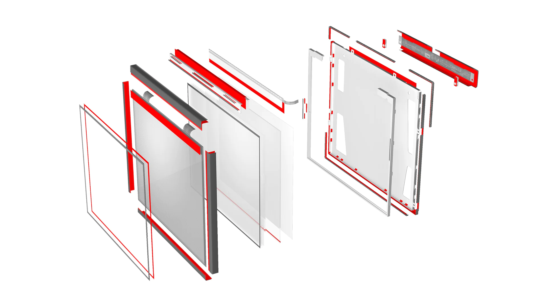 An exploded view of a device with multiple layers, including transparent and red-bordered components. Layers include screens, frames, and panels, all secured by tesa tape to clearly show the internal structure. (This text has been generated by AI)