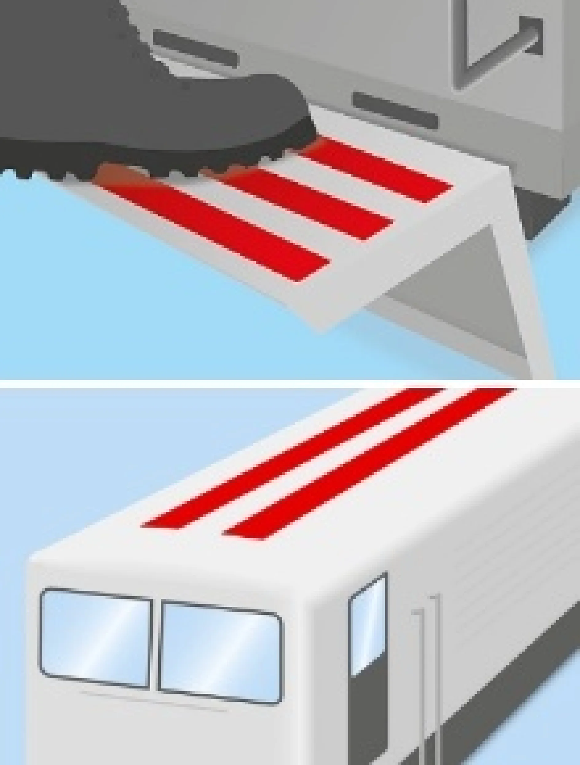 Illustration split into two parts: the top shows a boot stepping on a red-striped lever, and the bottom depicts the front of a white train with two red stripes on its roof. In both scenes, tesa tape is prominently featured to highlight its strong adhesive capabilities. (This text has been generated by AI)