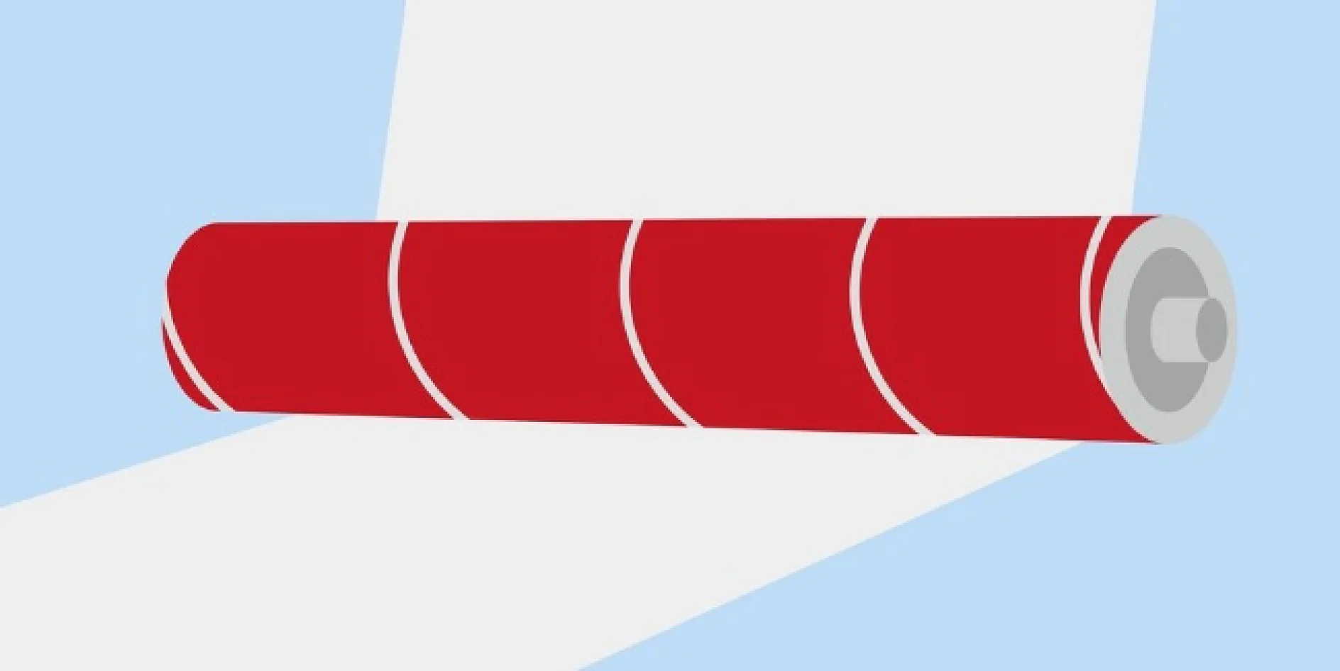 An illustration of a red paper towel roll unfurling towards the left on a light blue background. The roll has a gray core and a smooth, even texture. (This text has been generated by AI)