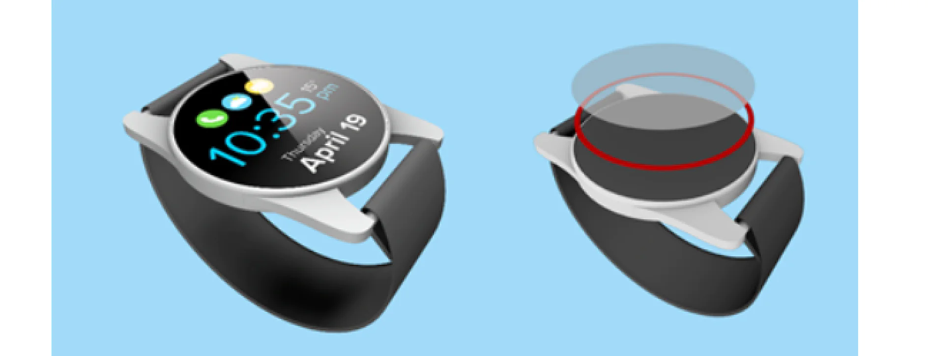 Smartwatch with a black strap on a blue background. The left image shows the watch face displaying 10:35 AM and April 19 with icons. The right image illustrates the touch-sensitive area on the watch face with red concentric circles secured using tesa tape. (This text has been generated by AI)