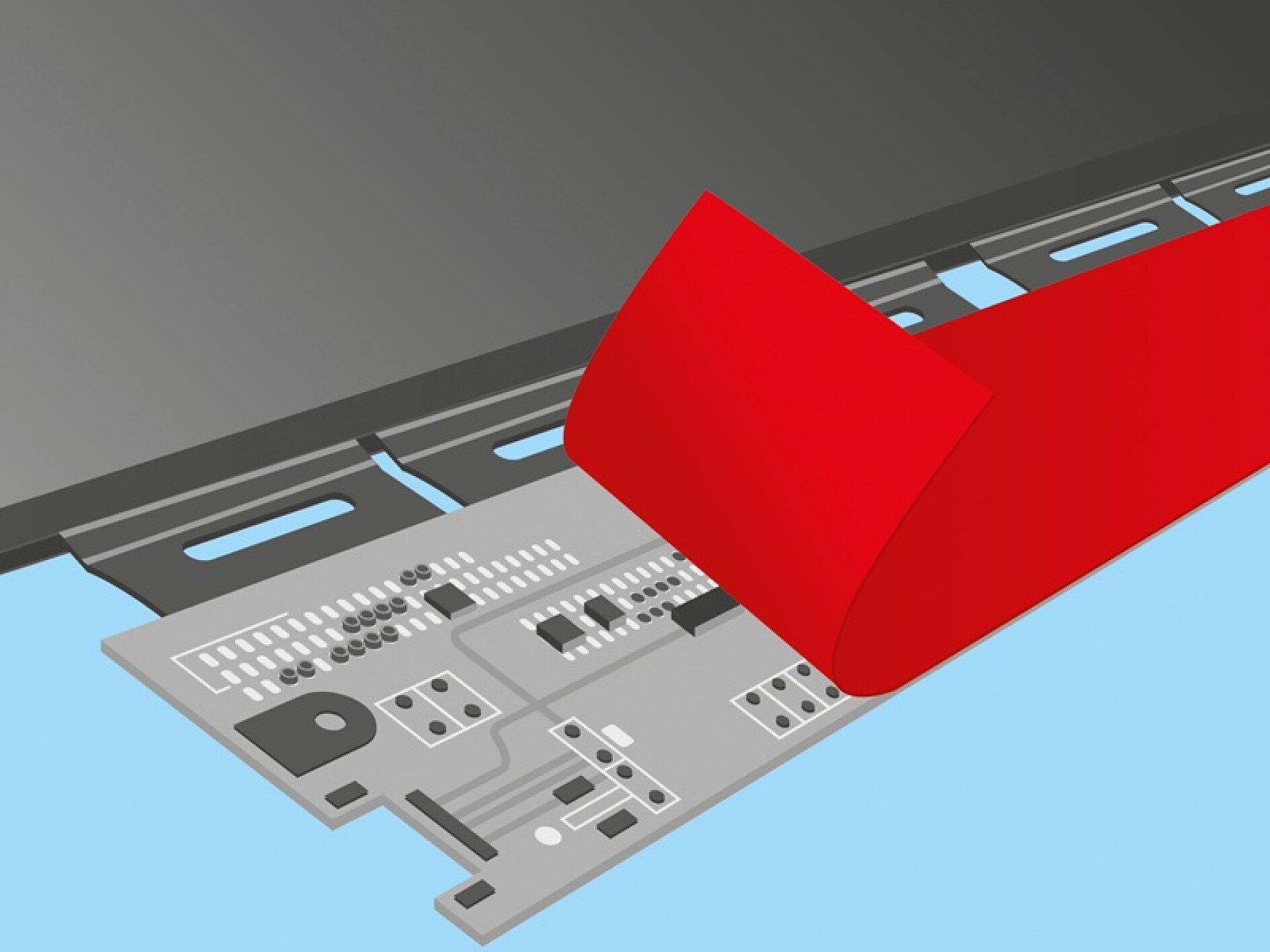 Illustration of a flexible circuit board with a red strip connected to it. The board is partially visible and appears to be attached to a black structure in the background, all set against a light blue surface using tesa tape. (This text has been generated by AI)