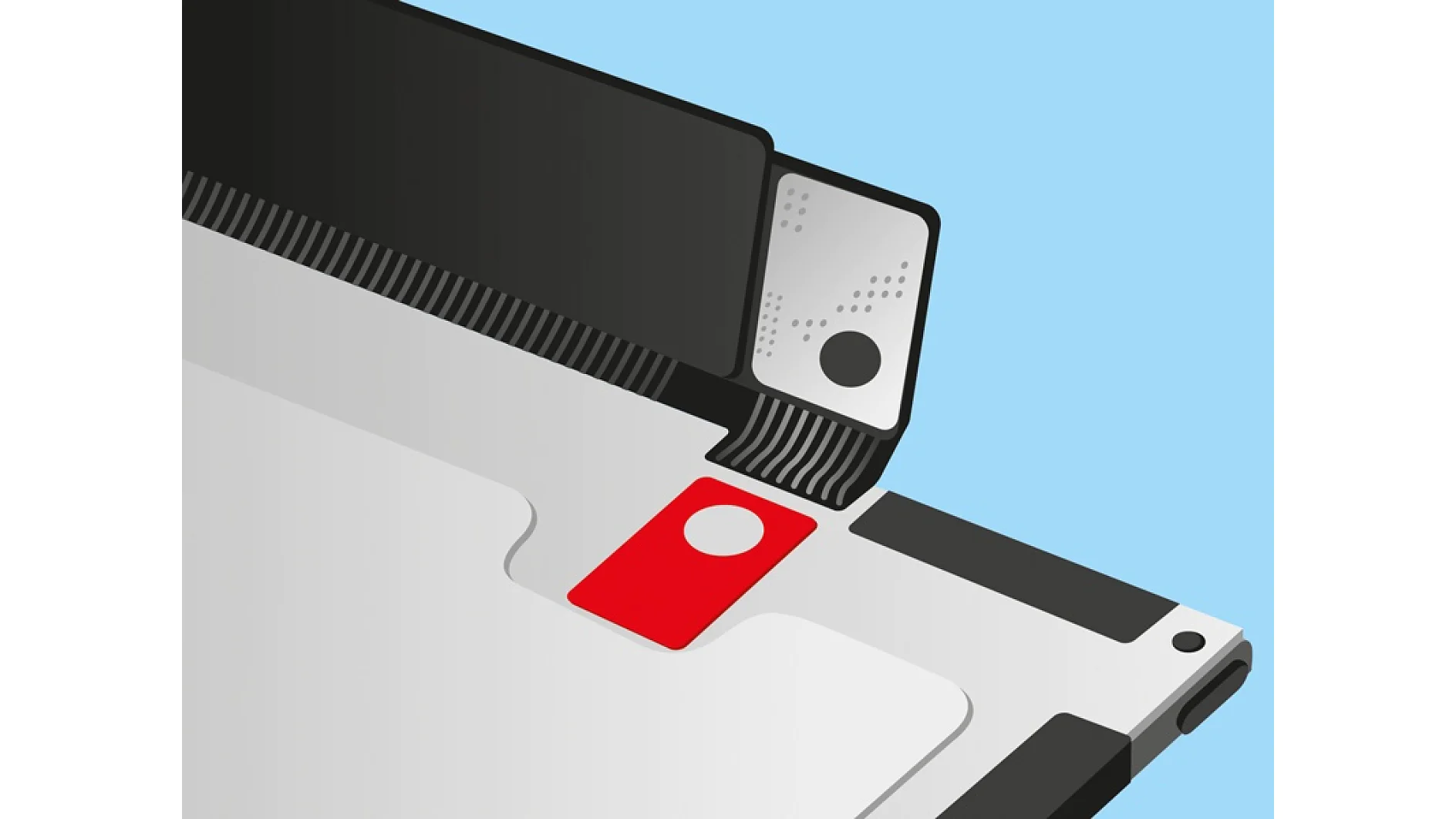 Illustration of a stylized camera and electronic device with a close-up view of a red and white power button, black camera lens, and electronic circuitry against a light blue background featuring tesa tape. (This text has been generated by AI)