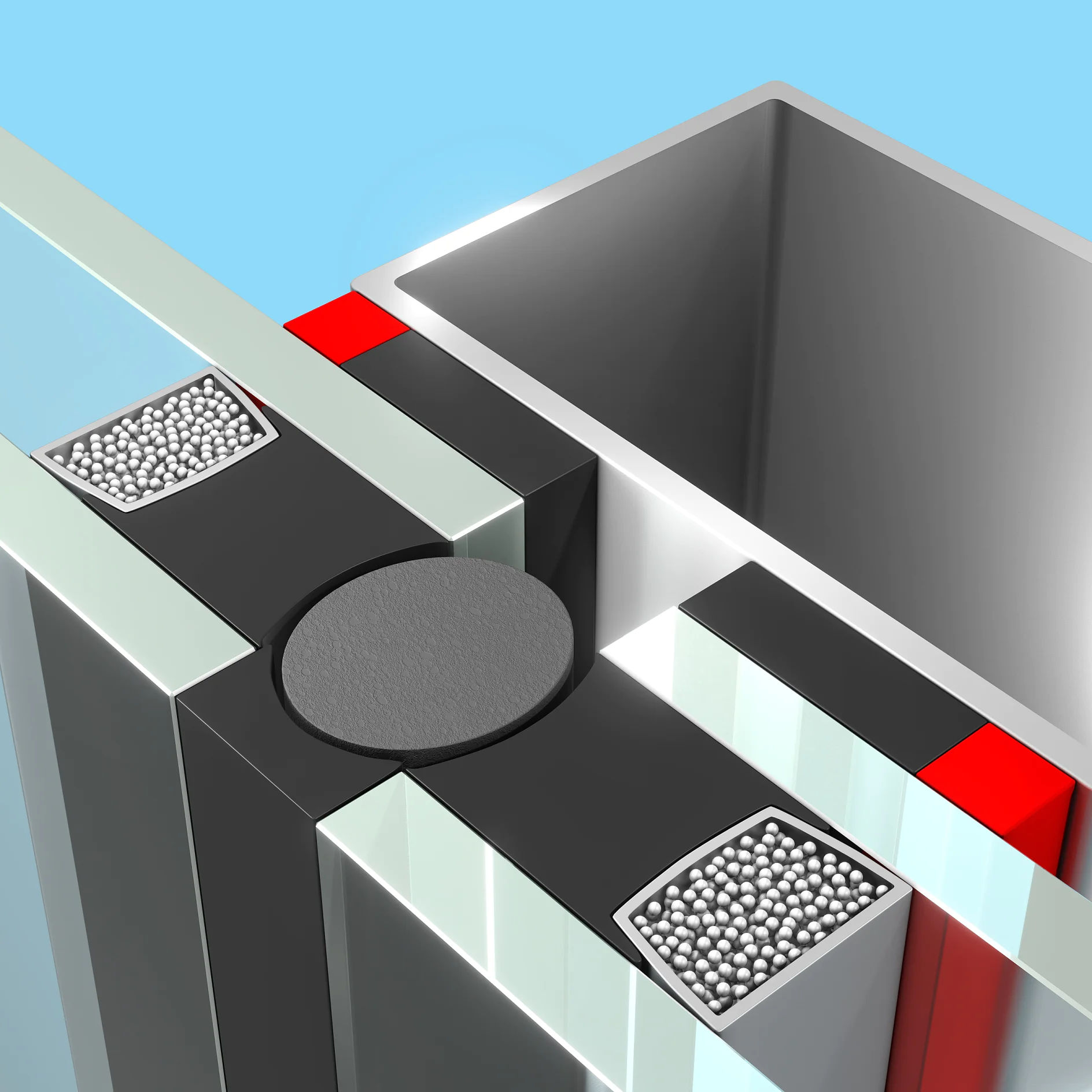 A 3D rendering of a sectional view of a metal-framed window corner. The frame contains layers of materials, including pellets and foam for insulation. A rubber seal is visible between glass panels, along with precision-applied tesa tape to ensure durability and secure installation. The background is light blue. (This text has been generated by AI)