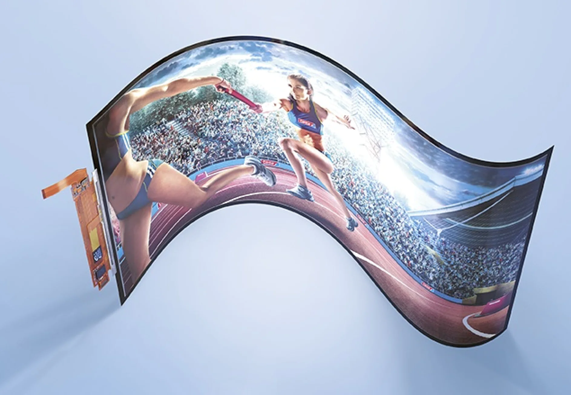 A flexible display screen shows an image of two athletes on a track, passing a relay baton. The screen is curved in a wave-like shape, demonstrating its flexibility against a light blue background. (This text has been generated by AI)