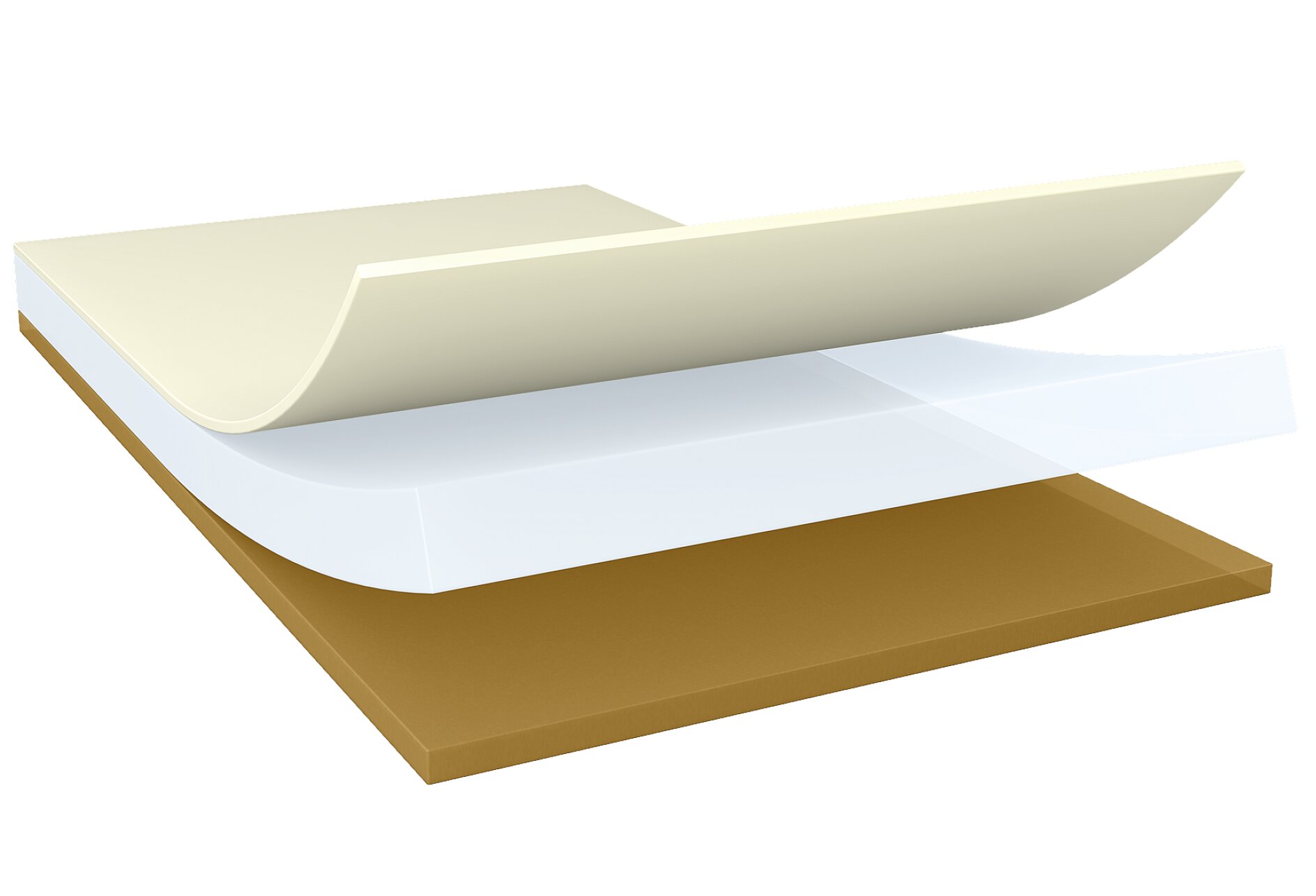 A digital illustration of four layers of material stacked on top of each other. The top layer is white and slightly curled, followed by a translucent layer, a white layer, and a brown base layer. (This text has been generated by AI)