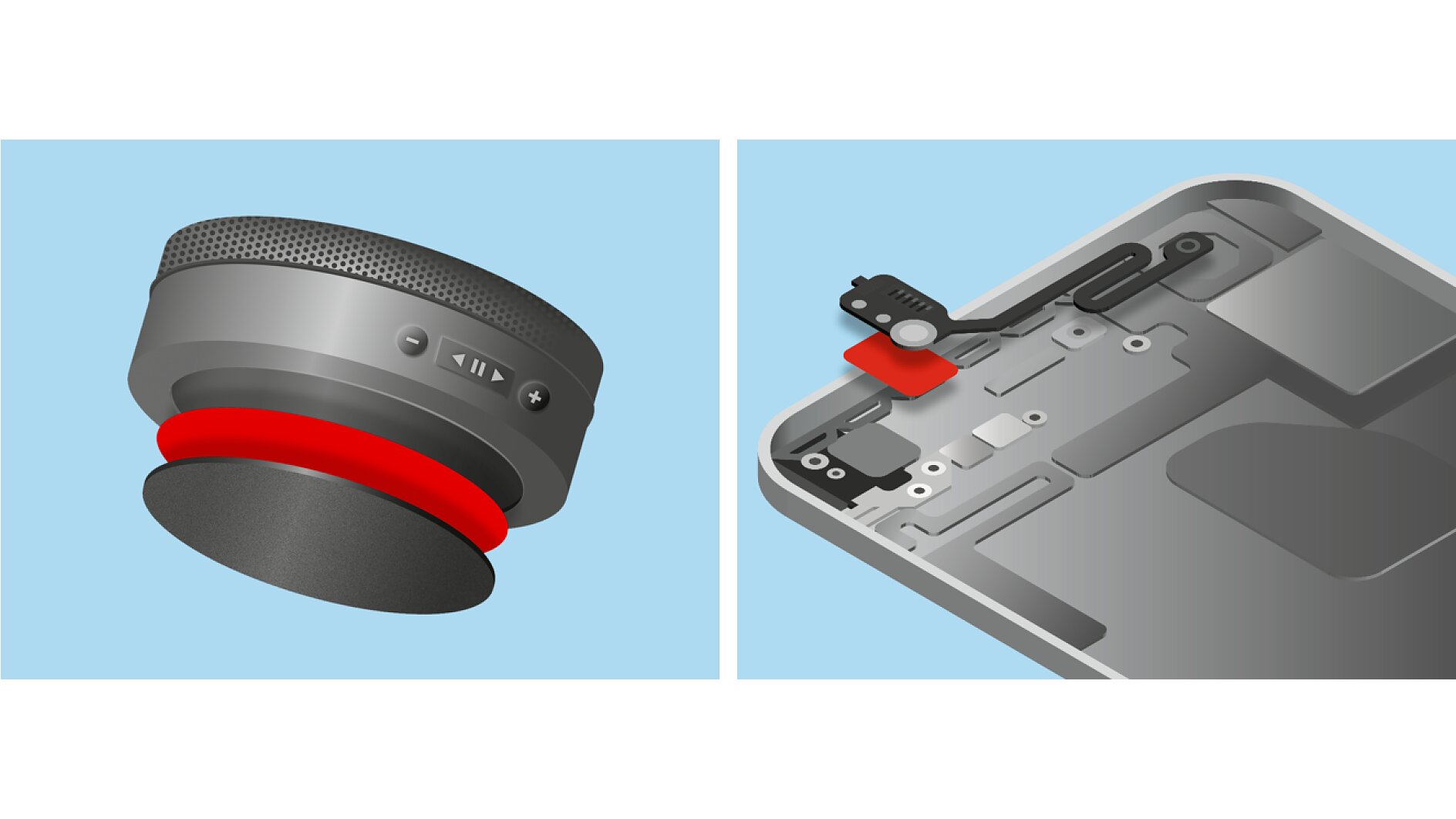 Illustration showing a smart speaker on the left and an internal view of a device with a circuit and components on the right, including a small red tesa tape detail. Both images have a light blue background. (This text has been generated by AI)