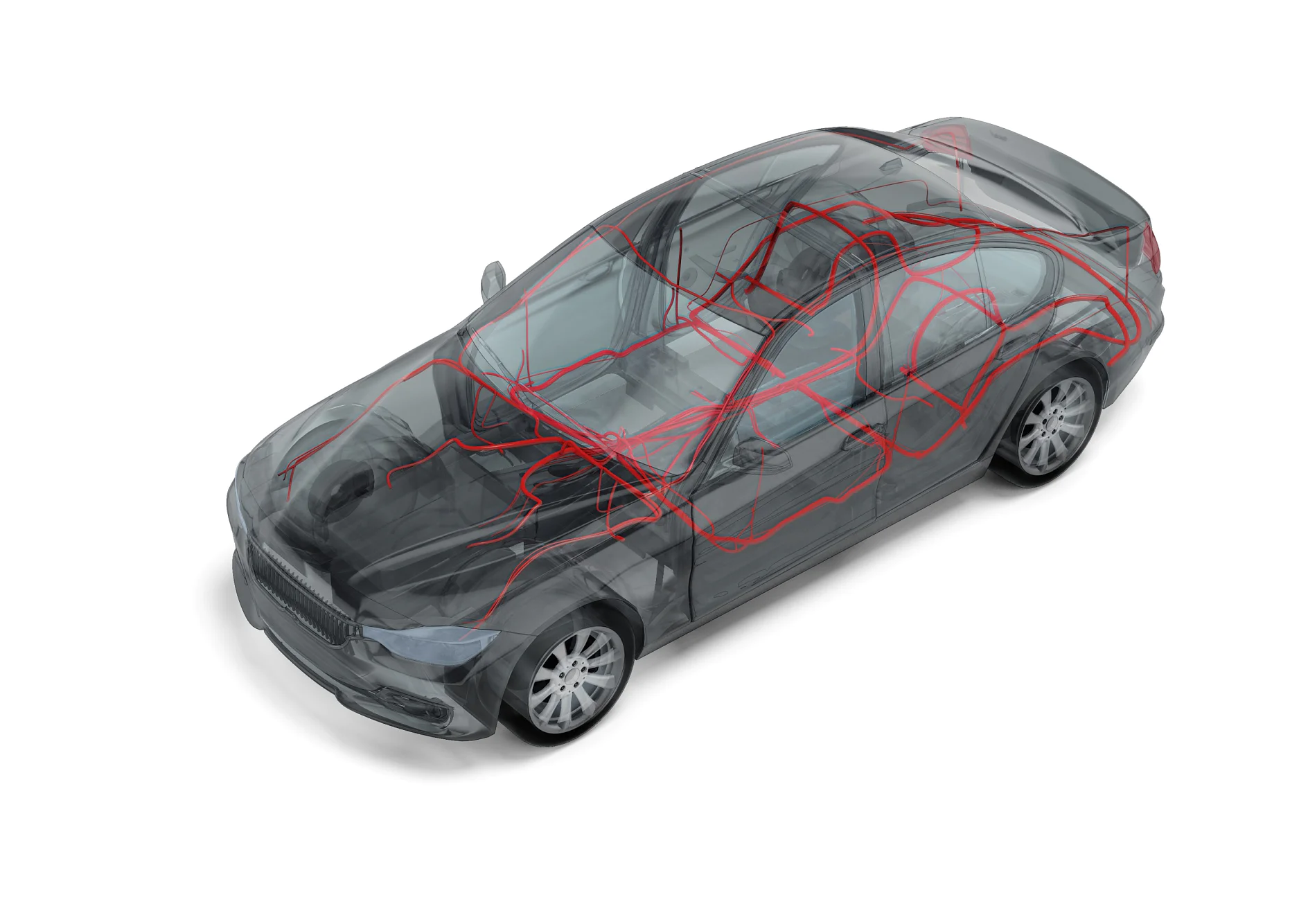 A semi-transparent car model displaying the internal arrangement of electrical wiring in red, secured with tesa tape. The wires are detailed throughout the vehicle structure, visible from various angles, showing a diagrammatic view of the cars electrical system. (This text has been generated by AI)