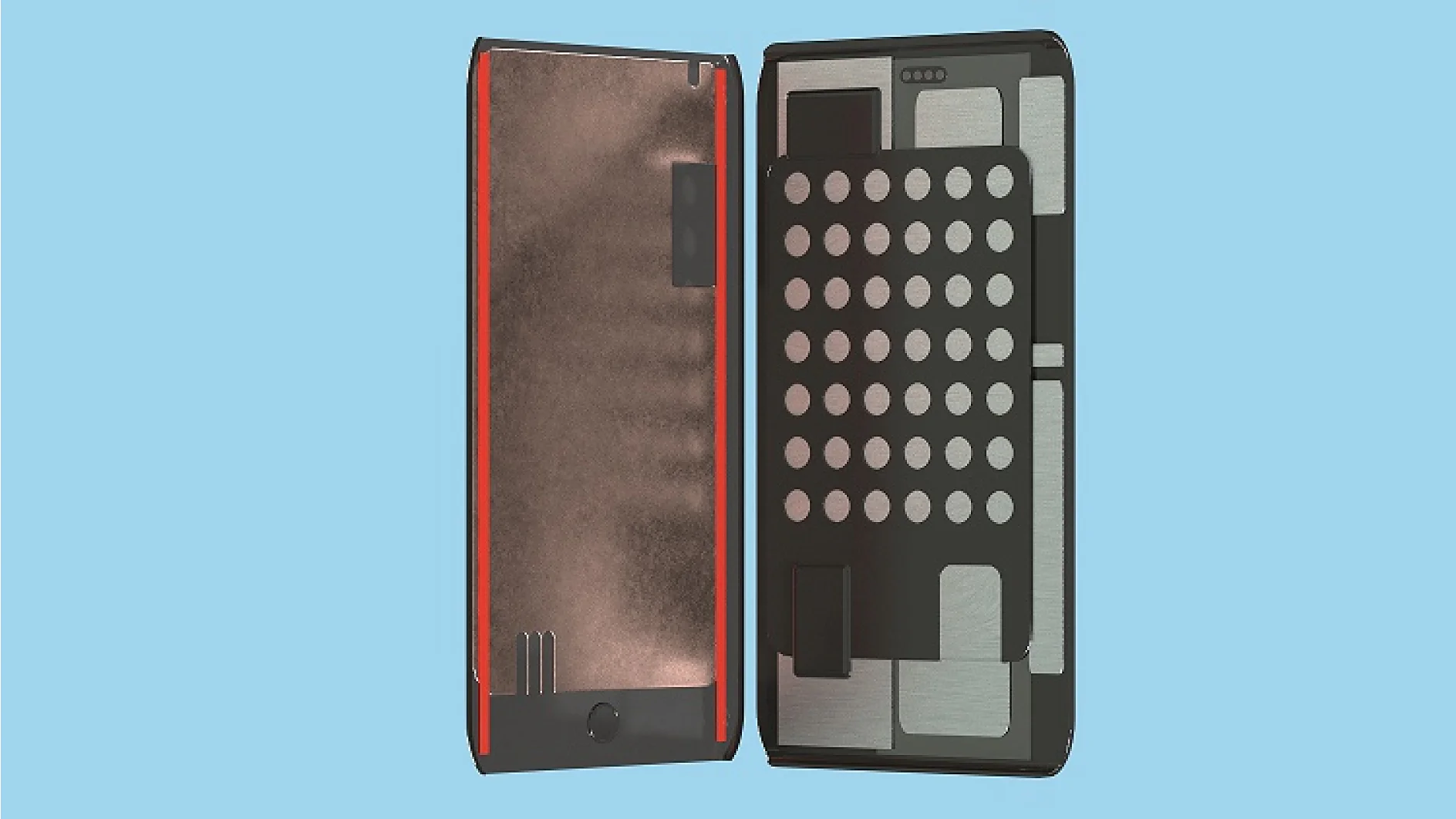 An open smartphone reveals its internal structure. The left side shows a metallic back cover with red edges. The right side displays the interior with a pattern of circular components and a rectangular panel, held together using tesa tape. The background is light blue. (This text has been generated by AI)