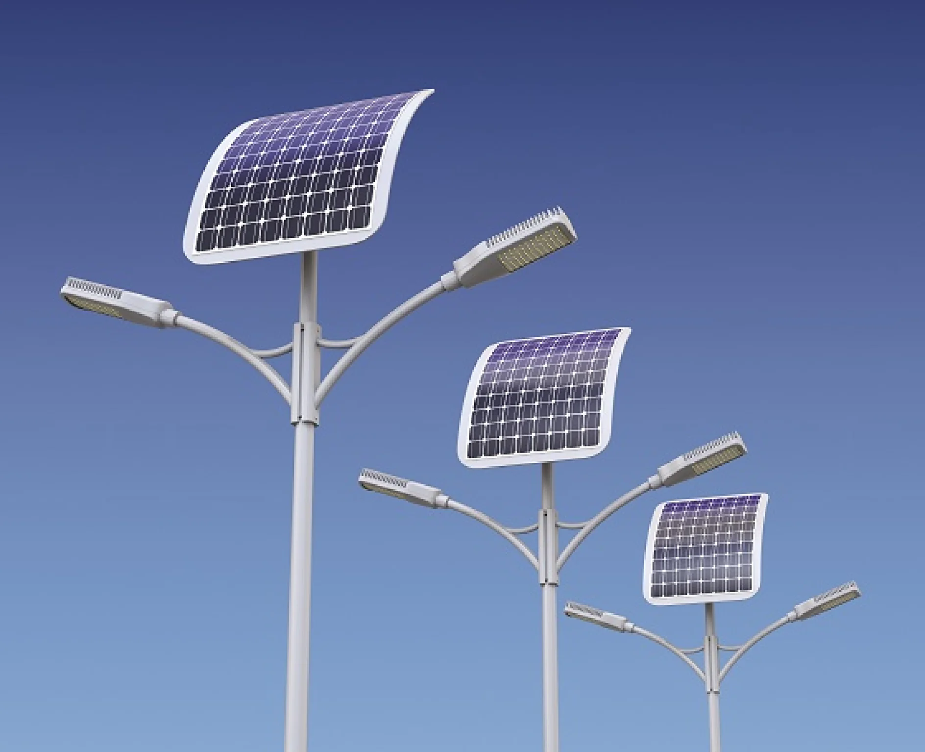 Three modern streetlights with solar panels attached to the tops are positioned against a clear blue sky. The panels are curved and mounted above the lamps, designed to harness solar energy for powering the lights. (This text has been generated by AI)