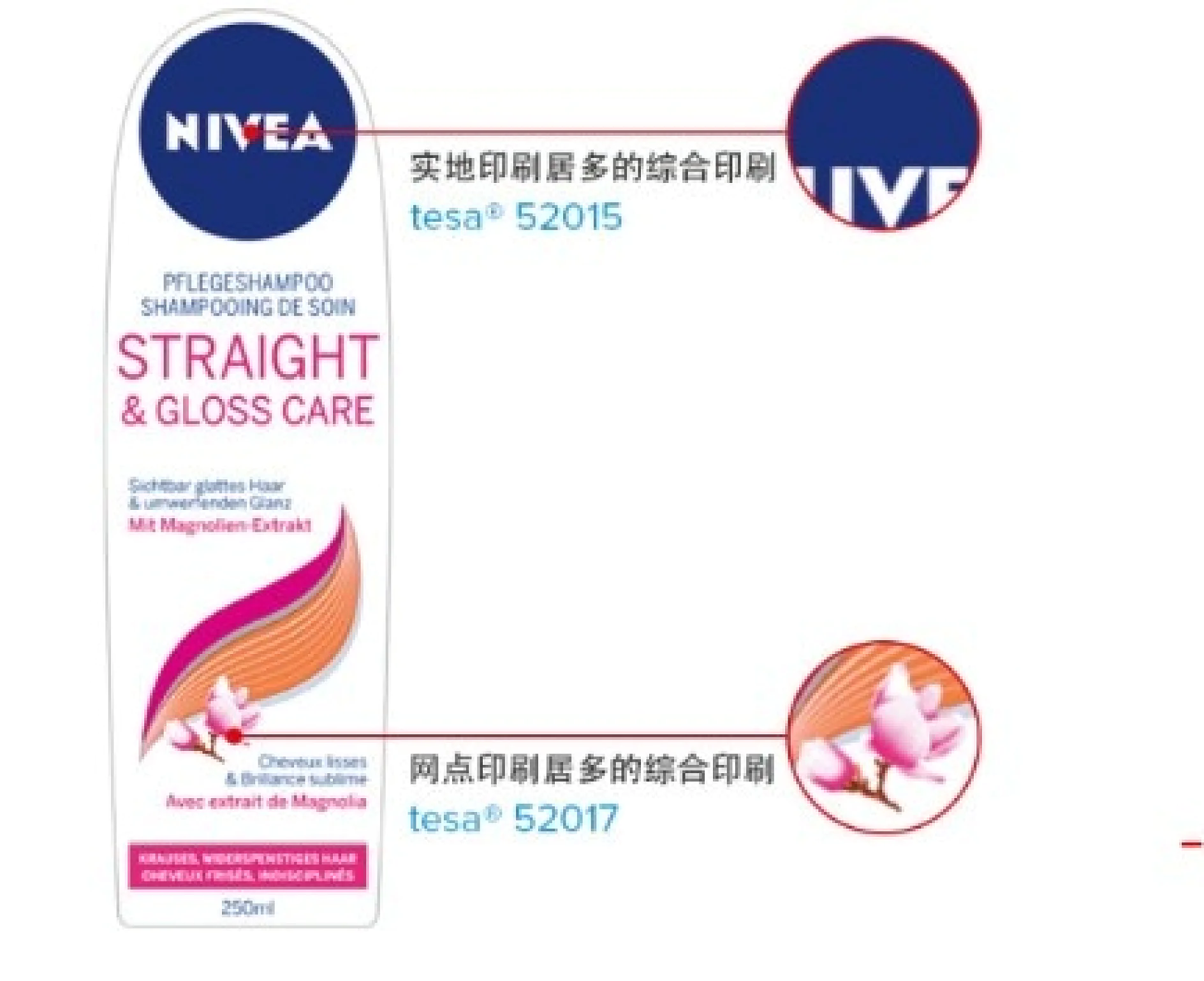 A bottle of Nivea Straight & Gloss Care shampoo is shown. The label includes text in multiple languages and floral graphics. There are red lines and text indicating printing information in other languages surrounding the bottle, all held together by tesa tape. (This text has been generated by AI)