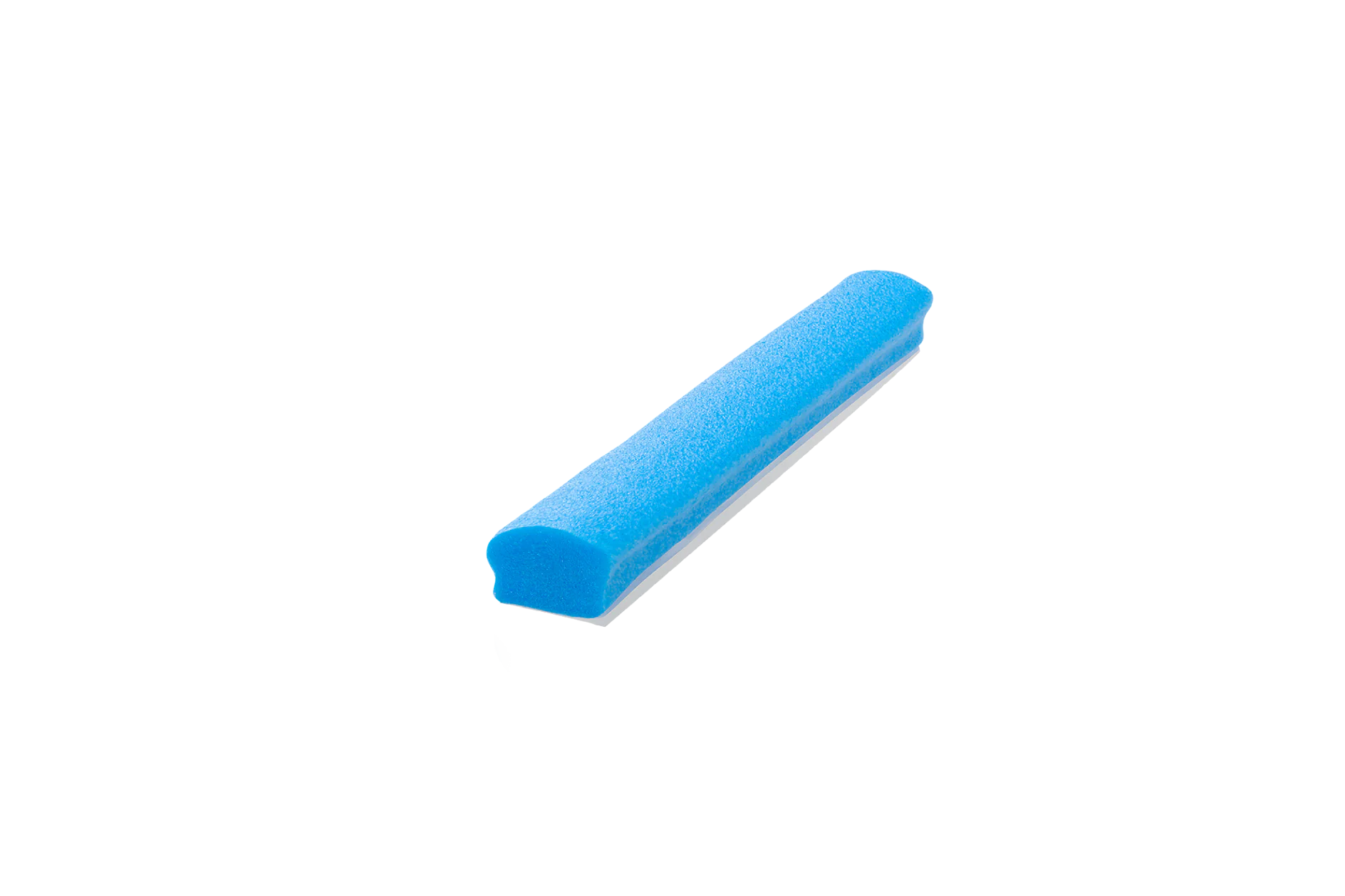 A blue foam pool noodle is displayed on a plain white background. The noodle is cylindrical and slightly curved at one end. (This text has been generated by AI)