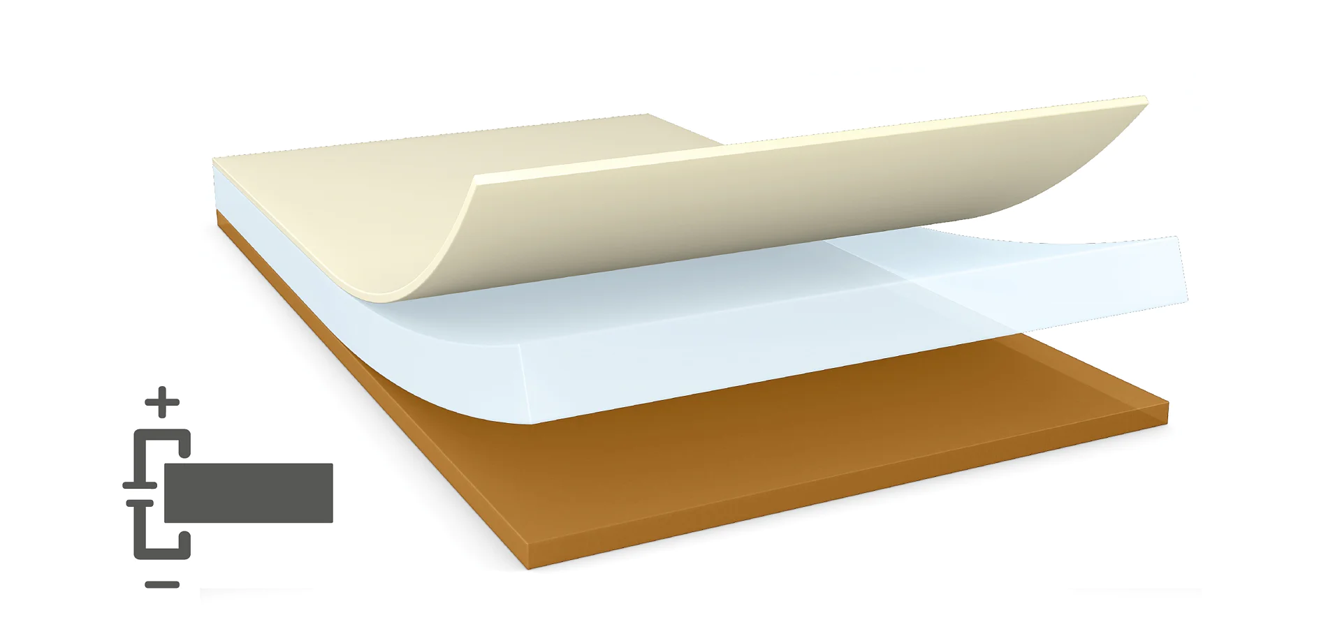 A 3D rendering of a layered structure with three layers. The top layer is cream-colored, the middle layer is white and semi-transparent, and the bottom layer is brown. A graphical icon of rectangles with plus signs is on the left, showing that each section is kept in place using tesa tape to ensure stability and precision in the layering process. (This text has been generated by AI)