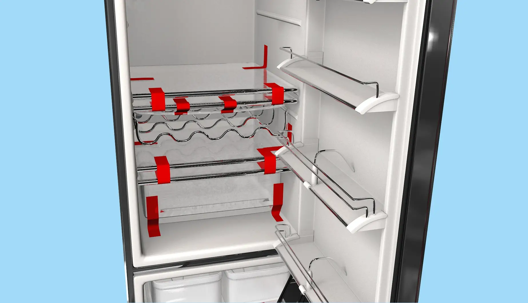 During transport glass shelves and loose bins are fixed with strapping tape.