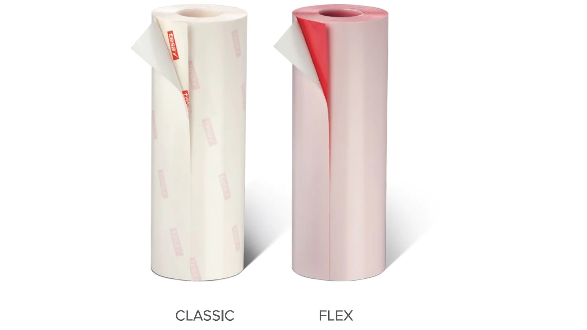 Two vertical rolls of self-adhesive film stand side by side. The left roll labeled Classic is white with red tesa tape branding on the backing paper. The right roll labeled Flex is pink with a plain tesa tape backing paper. (This text has been generated by AI)