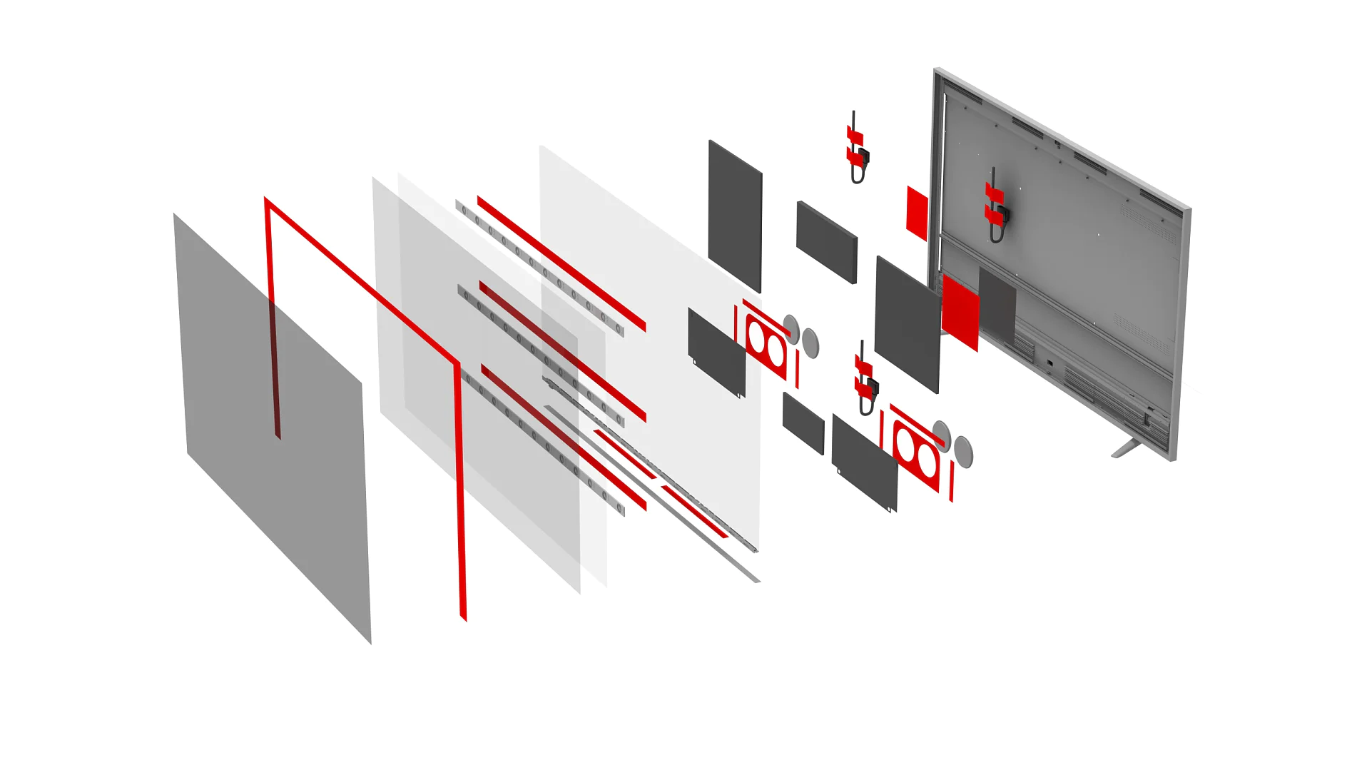 An exploded view of a flat-screen TV showing individual components such as the screen, internal parts, and outer frame. Red lines and shapes highlight certain elements, all set against a white background. (This text has been generated by AI)