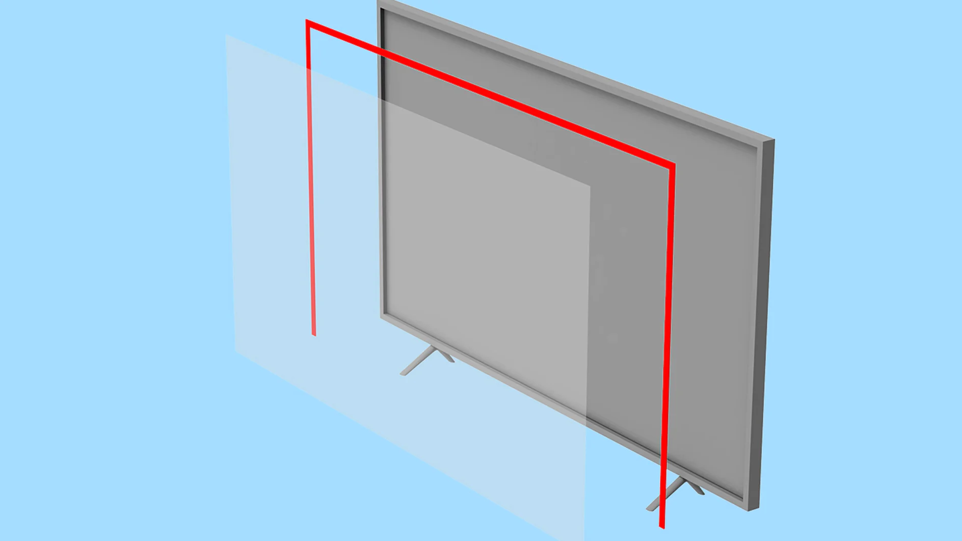 A transparent screen protector is positioned in front of a flat screen television, illustrating an installation process using tesa tape. Red lines indicate the alignment path from the top left to the bottom right corner on a light blue background. (This text has been generated by AI)