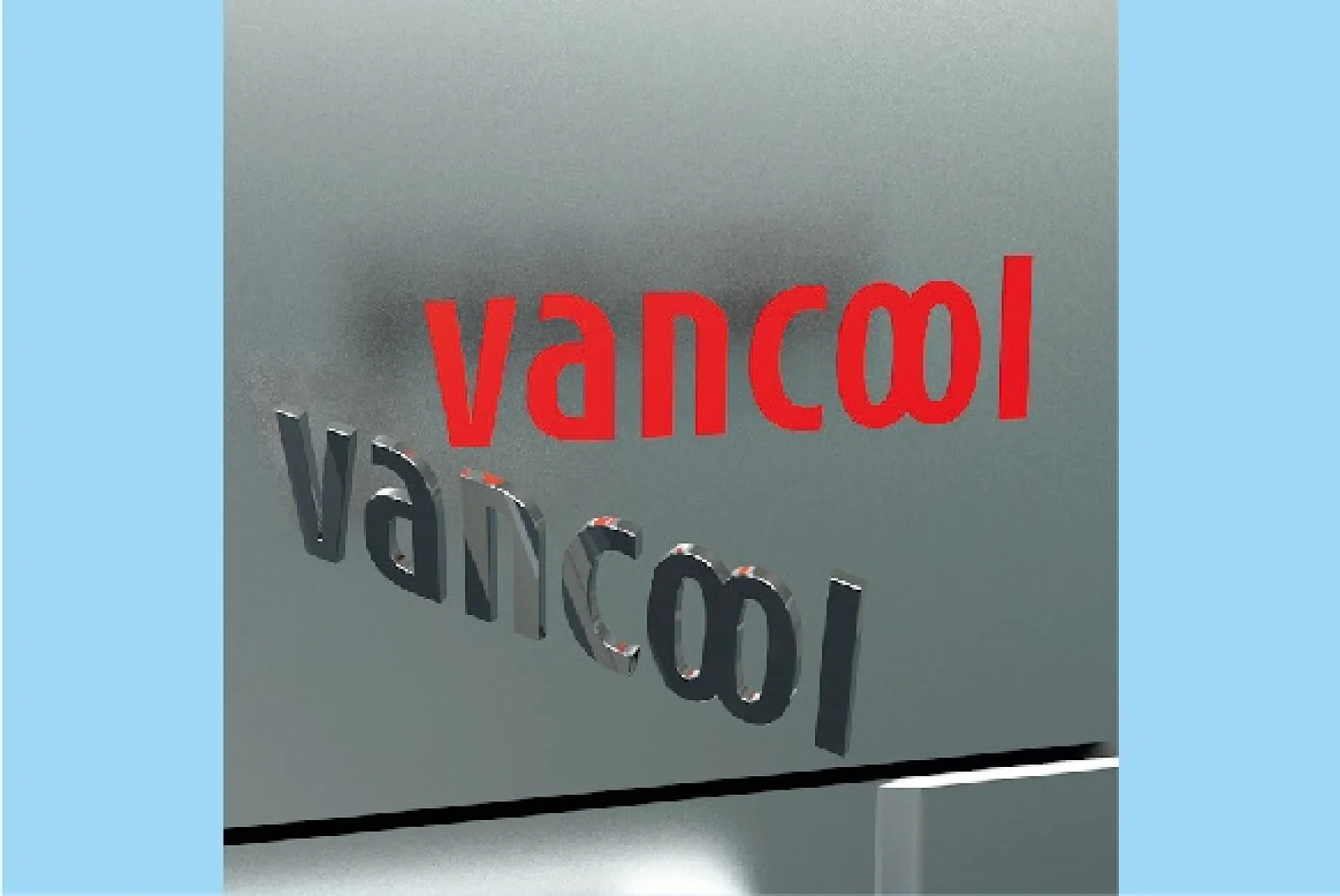 The image shows a close-up of the word vancool written in red uppercase letters on a reflective silver surface. The reflection of the word appears below it, also in red, but distorted in some areas. The background is a light blue. (This text has been generated by AI)