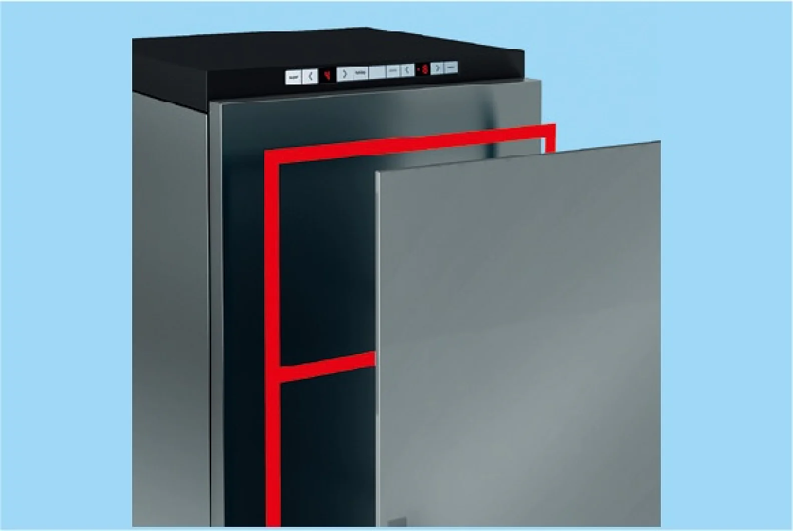 A silver rectangular appliance, possibly a refrigerator or freezer, is shown with its door slightly open. The door has red outlines around its edges made of tesa tape. The control panel with various buttons is visible on the top edge of the appliance. (This text has been generated by AI)