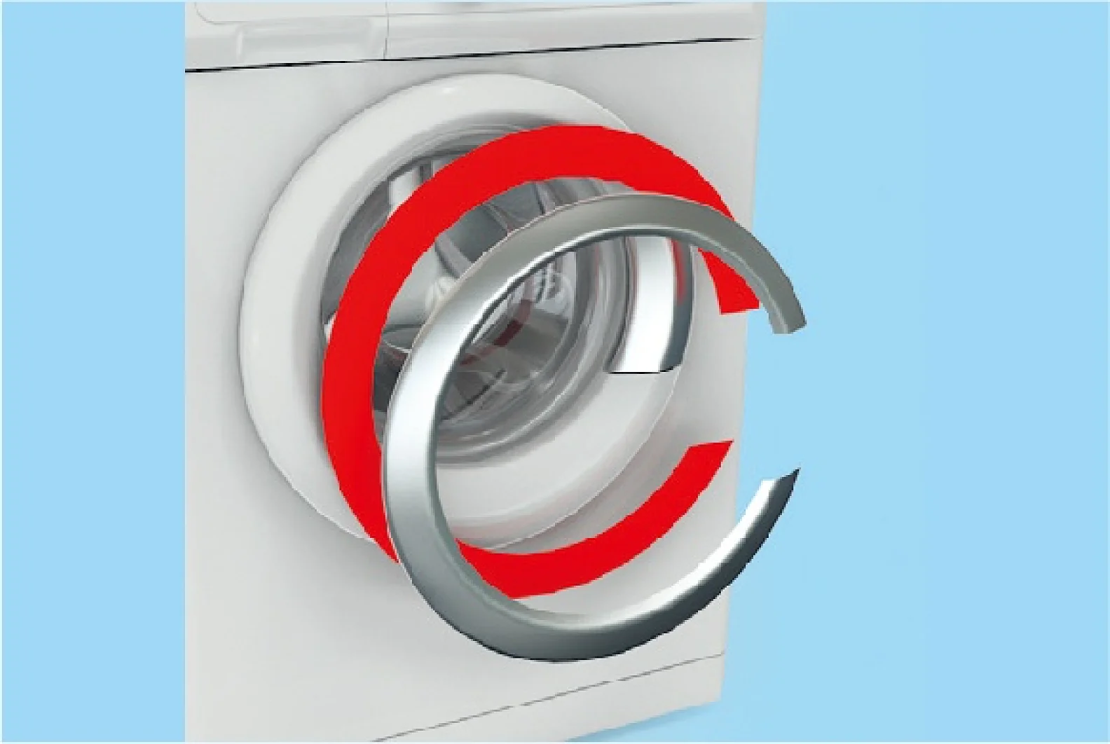 A front-loading washing machine with a red and silver circular design overlay on the door, set against a blue background. The design appears to be computer-generated, highlighting the door area. (This text has been generated by AI)