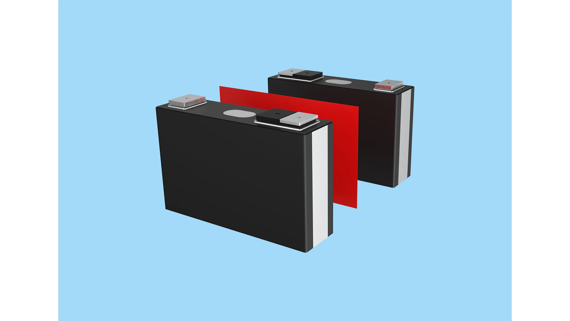 Two black rectangular batteries with metal terminals are standing upright on a light blue background, secured using tesa tape. One battery has a red panel in the middle, and the other is plain. The batteries are parallel, with slight spacing between them, held in place by tesa tape. (This text has been generated by AI)