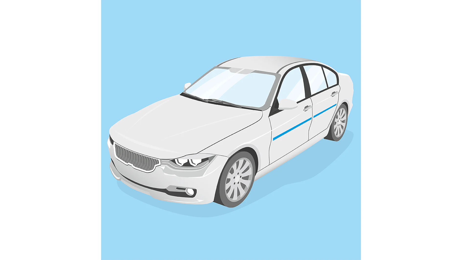 Illustration of a white sedan car with a blue stripe on each side, set against a light blue background. The car is angled, showing the front and right side, with detailed headlights and visible wheels. (This text has been generated by AI)