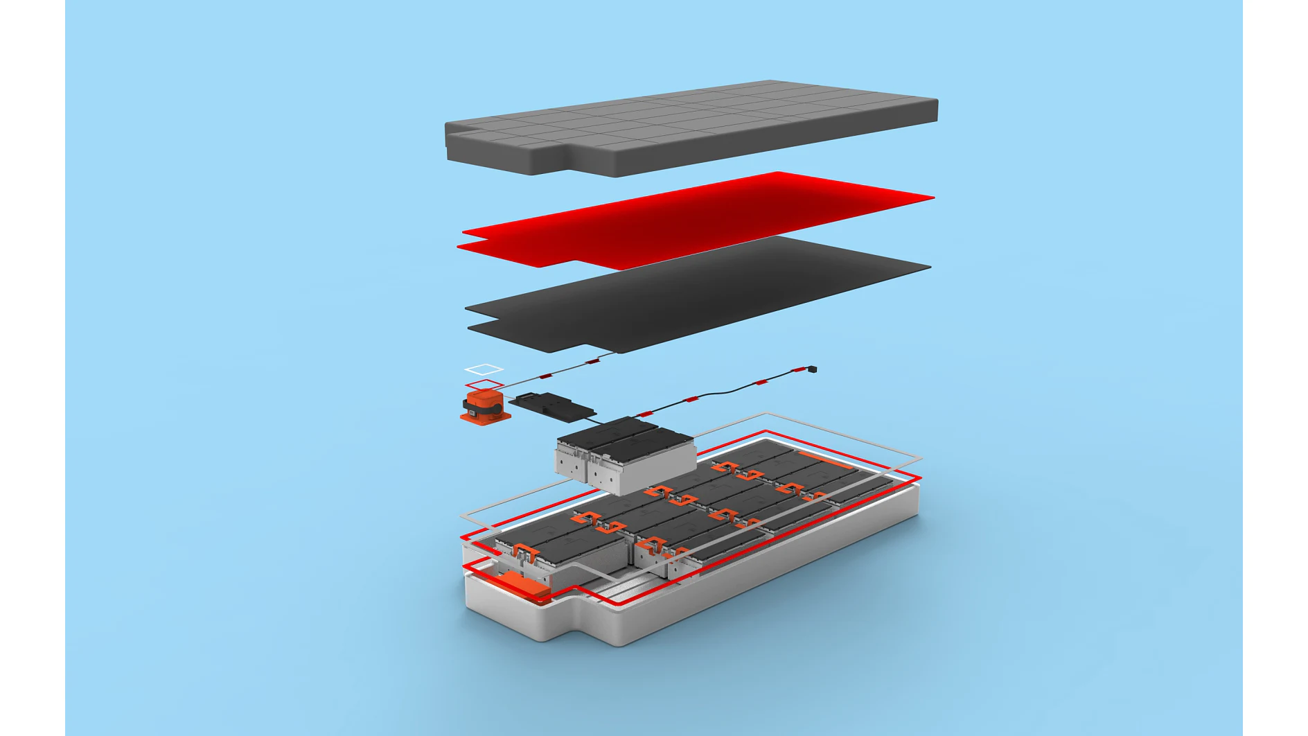 Exploded view of a battery pack on a light blue background. The image shows various components, including battery cells, connecting wires, and tesa tape insulating layers arranged in a sequence above the main casing. (This text has been generated by AI)