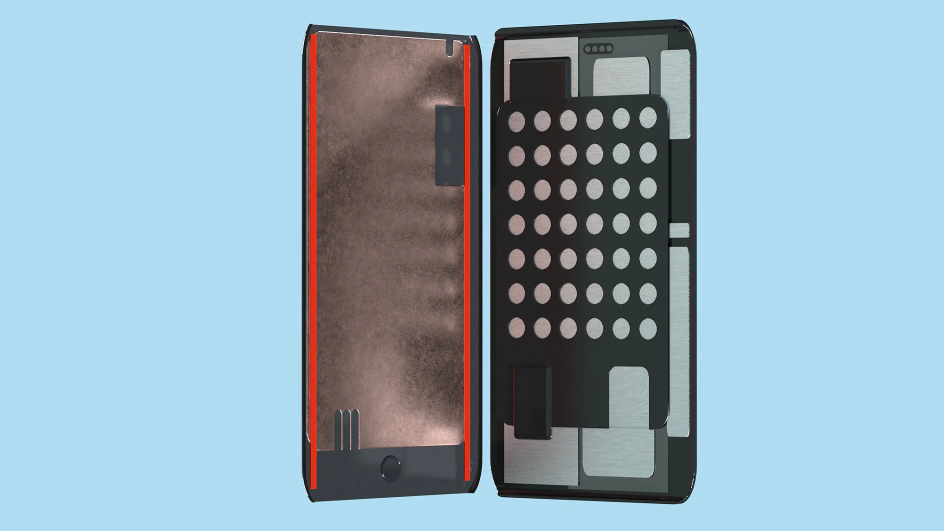 Image of an opened electronic device case on a light blue background. The left side has a metallic interior with red edges, while the right side features a black grid pattern with circular cutouts and silver elements held together using tesa tape. (This text has been generated by AI)