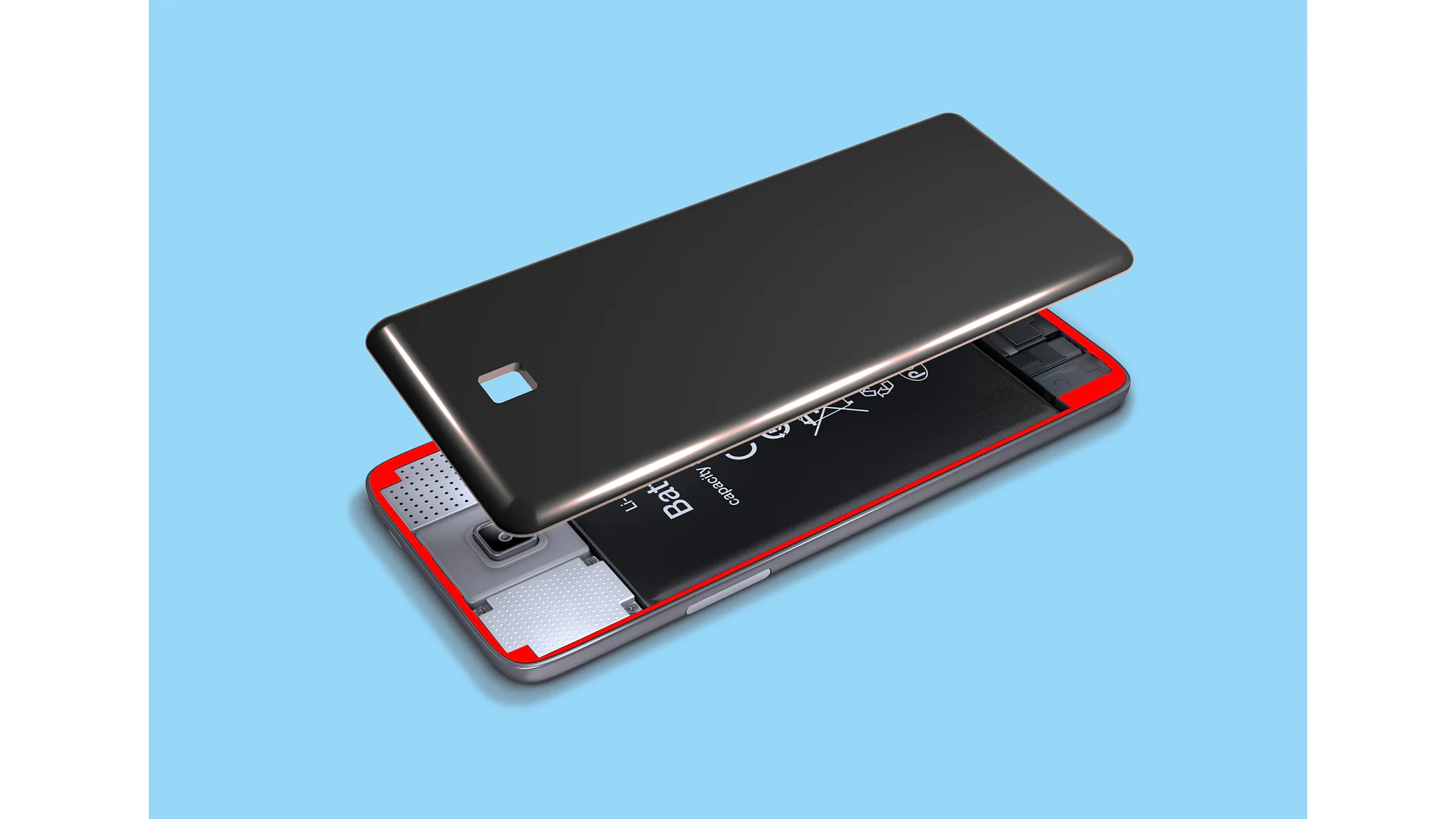 A smartphone with its back cover removed, revealing an exposed battery and internal components. The phone features a red internal frame and a black back cover, set against a solid light blue background. (This text has been generated by AI)