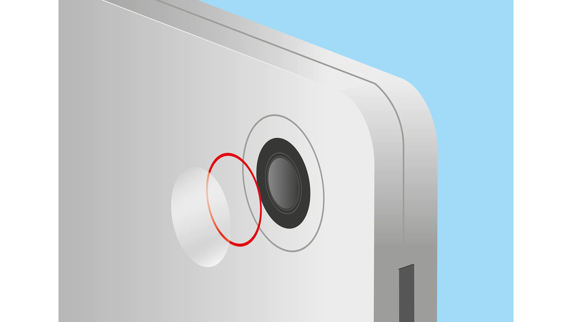 Close-up illustration of a smartphone camera lens on a metallic surface with a piece of tesa tape in red circle highlighting it. The camera is positioned at the top corner of the device against a light blue background. (This text has been generated by AI)