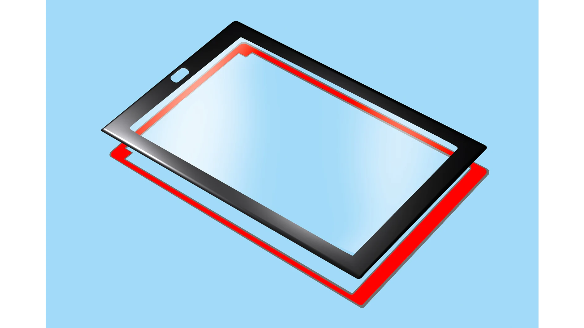 Illustration of a tablet screen with a black frame and a red layer beneath it, set against a light blue background. The image shows layers of a screen, possibly indicating a protective cover design or screen assembly using tesa tape. (This text has been generated by AI)