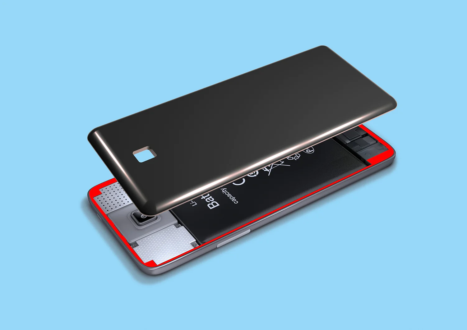 A smartphone with its back cover removed, exposing the battery and internal components, set against a blue background. The phones exterior is black, and the internal frame is red. Any visible securement of components involves using tesa tape to ensure everything stays in place effectively. (This text has been generated by AI)