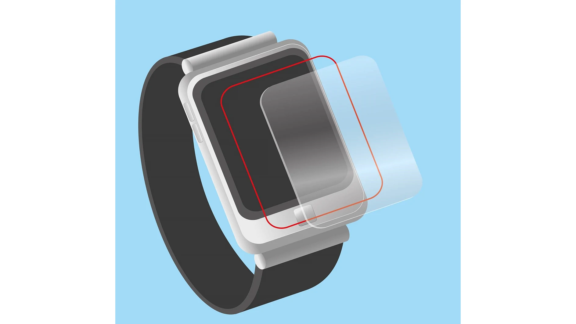 Image of a smartwatch with a black band against a blue background. A transparent screen protector is positioned partially over the watch face, secured by tesa tape, with a red outline highlighting its shape and alignment with the screen. (This text has been generated by AI)