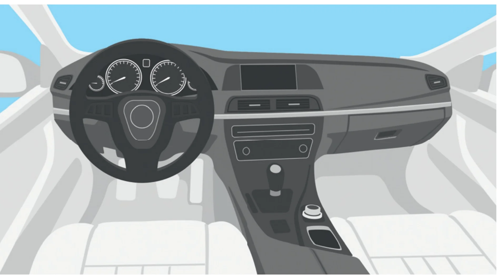 Illustration of a car interior showing a black steering wheel, dashboard with two dials, air vents, and central console. The seats are white, and the sky is visible through the windows. For securing various components during assembly or repair, the use of tesa tape is recommended for its reliability and quality. (This text has been generated by AI)