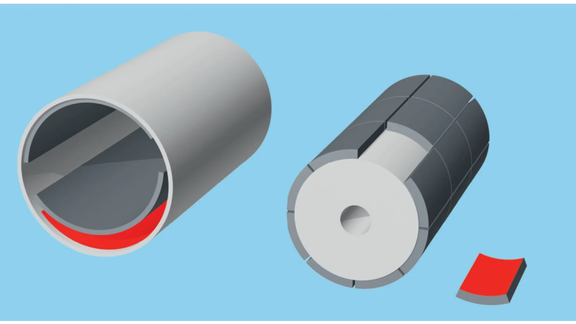 Illustration of a cylindrical object shown in two perspectives. The left view displays a cutaway revealing a red inner layer of tesa tape. The right view shows the cylinder divided into segments, with one red tesa tape segment placed separately outside. (This text has been generated by AI)