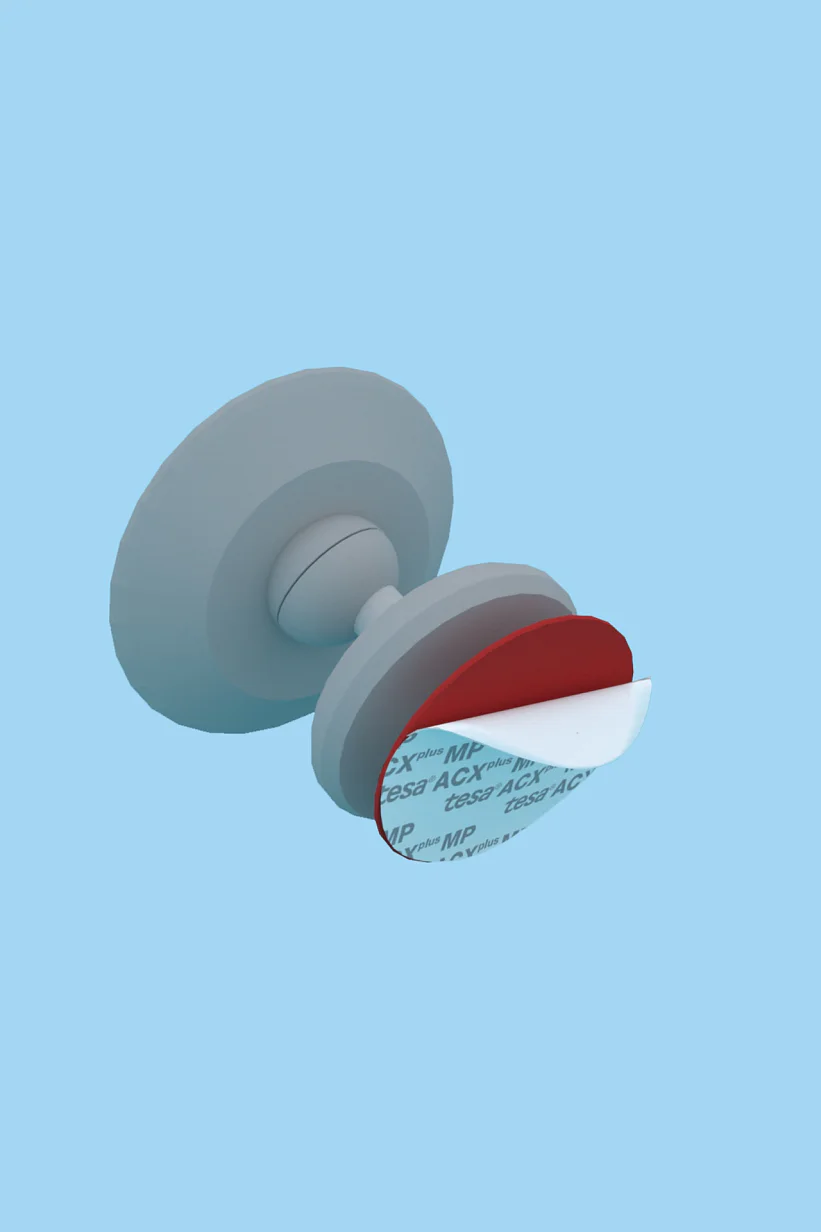 A three-dimensional rendering of a door handle on a blue background. The handle is cylindrical, with a red and white circular element attached on one side using tesa tape. (This text has been generated by AI)