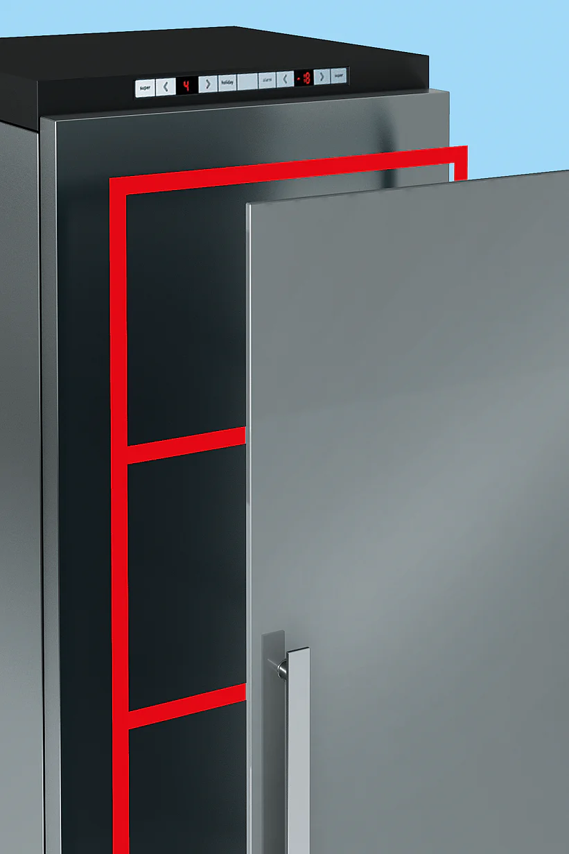 A stainless steel refrigerator with the door partially open. The interior is outlined in tesa tape, highlighting areas inside. The control panel with buttons is visible on the top front edge. The background is a gradient blue to white. (This text has been generated by AI)