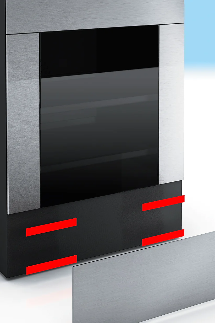 A black and silver appliance, possibly an oven, has a metallic panel removed, revealing red horizontal connectors secured with tesa tape. The detached panel, also silver, is positioned in the foreground. The background is a gradient of blue and white. (This text has been generated by AI)