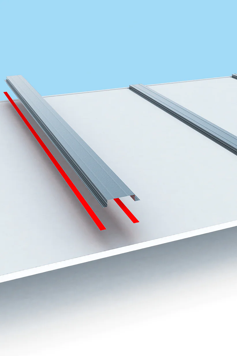 A 3D rendering of a gray metal beam partially covering a red strip of tesa tape on a white surface. The beam sits parallel to two identical beams, all aligned against a blue background. (This text has been generated by AI)