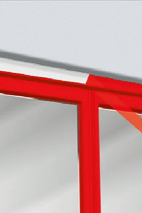 Illustration of a red-framed double window with a diagonal red line indicating movement from the top right corner of the frame, suggesting closed or locked status against a white wall background using tesa tape. (This text has been generated by AI)