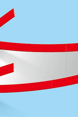 A white, curved surface with a shiny texture is outlined by a red border, forming an abstract arrow shape pointing right against a light blue background. (This text has been generated by AI)