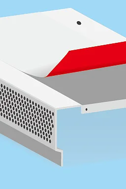 Illustration of a white metal vent with hexagonal perforations, laying horizontally on a light blue background. A red rectangular flap is partially inserted into the vents open top side, held in place by tesa tape. (This text has been generated by AI)