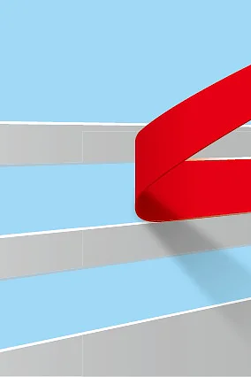 Abstract image featuring a red ribbon-like shape looping over white and gray horizontal lines against a light blue background, reminiscent of the sleek nature of tesa tape. (This text has been generated by AI)