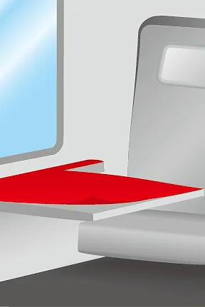 Illustration of a train interior showing a foldable red table attached to the wall beneath a window using tesa tape. The table is extended between two gray seats. The window features a simple blue sky reflection. (This text has been generated by AI)