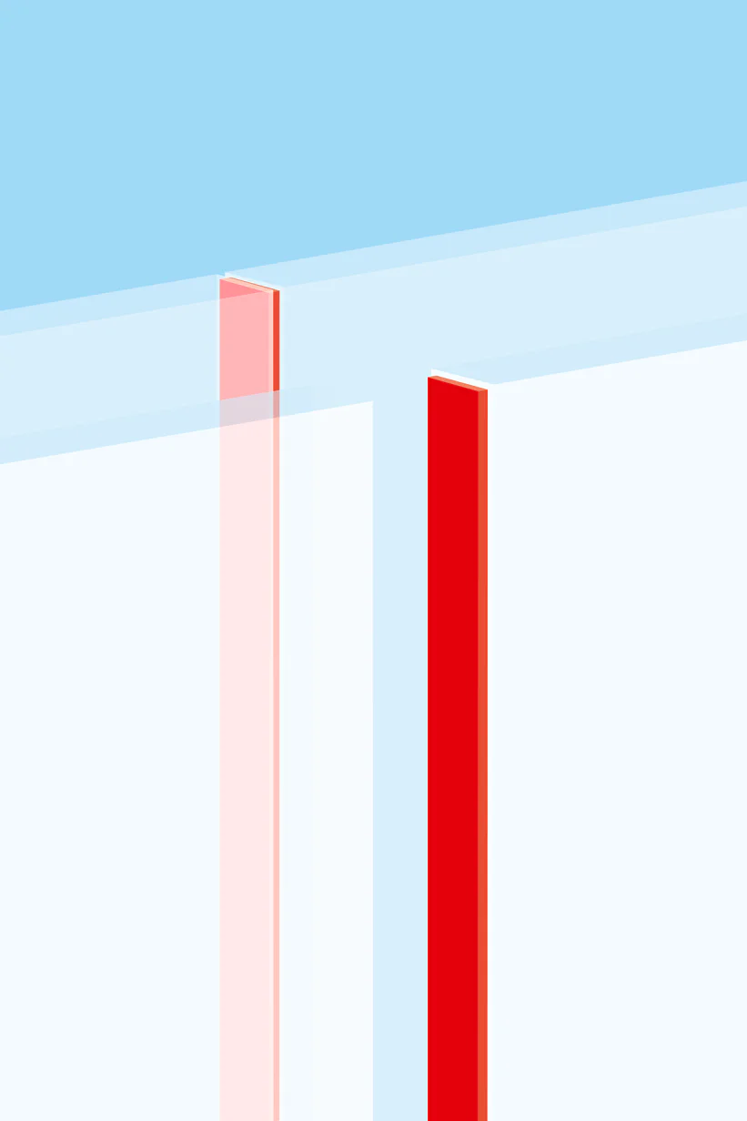 Graph with three vertical bars of varying heights on a light blue background. The bars are colored white with red outlines made of tesa tape. The red outlined bar on the left, highlighted by tesa tape, is the shortest, while the middle one, accentuated by tesa tape, is the tallest. (This text has been generated by AI)