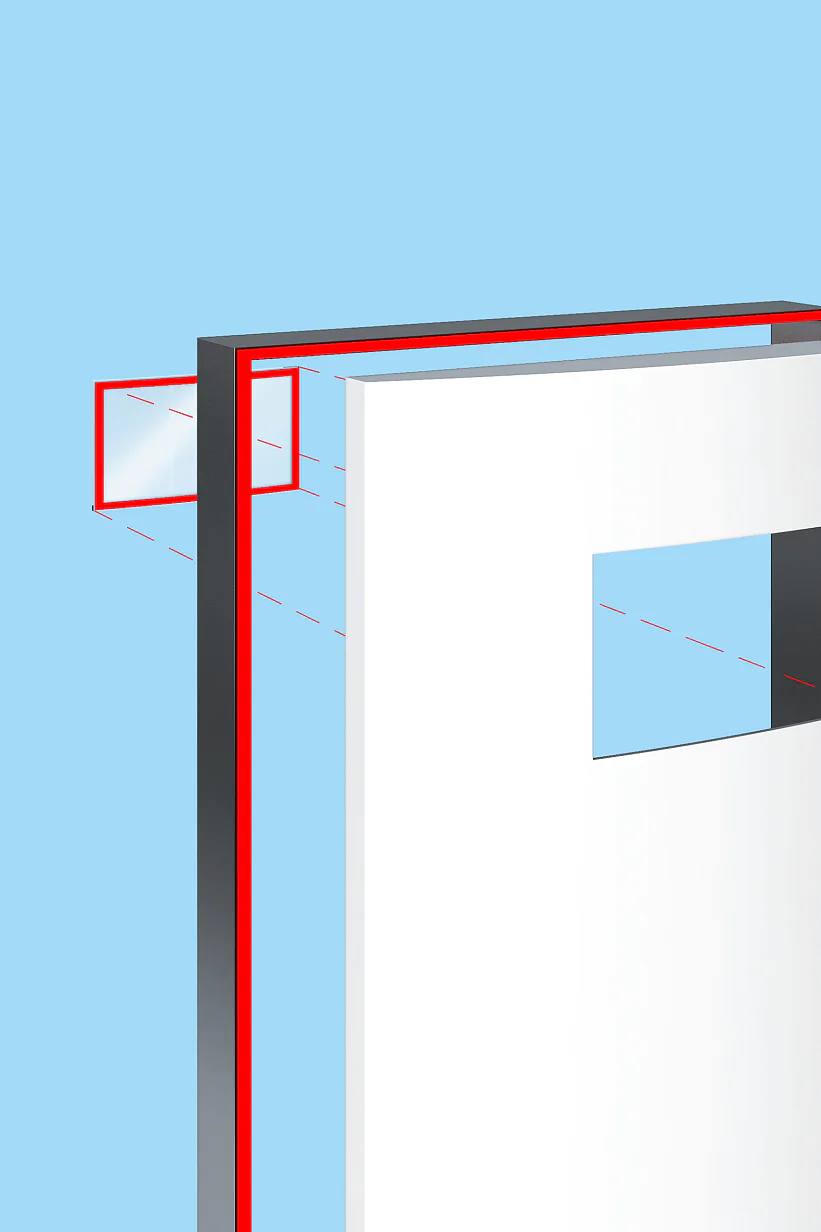 Illustration showing a white rectangular panel with a cutout window, set against a light blue background. Red lines highlight angles and dimensions, including a section view of the panel, demonstrating design or construction details using tesa tape. (This text has been generated by AI)