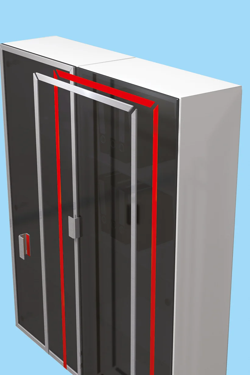 A modern, gray storage cabinet with transparent doors and red accents set against a light blue background. The design is sleek and minimalist, shown from an upper side angle. (This text has been generated by AI)