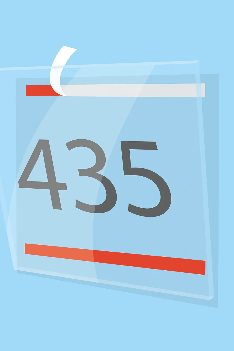 Illustration of a glass square displaying the number 435 in large, dark gray numerals. The glass is framed by red borders at the top and bottom, with a white tesa tape tab attached at the top. The background is light blue. (This text has been generated by AI)