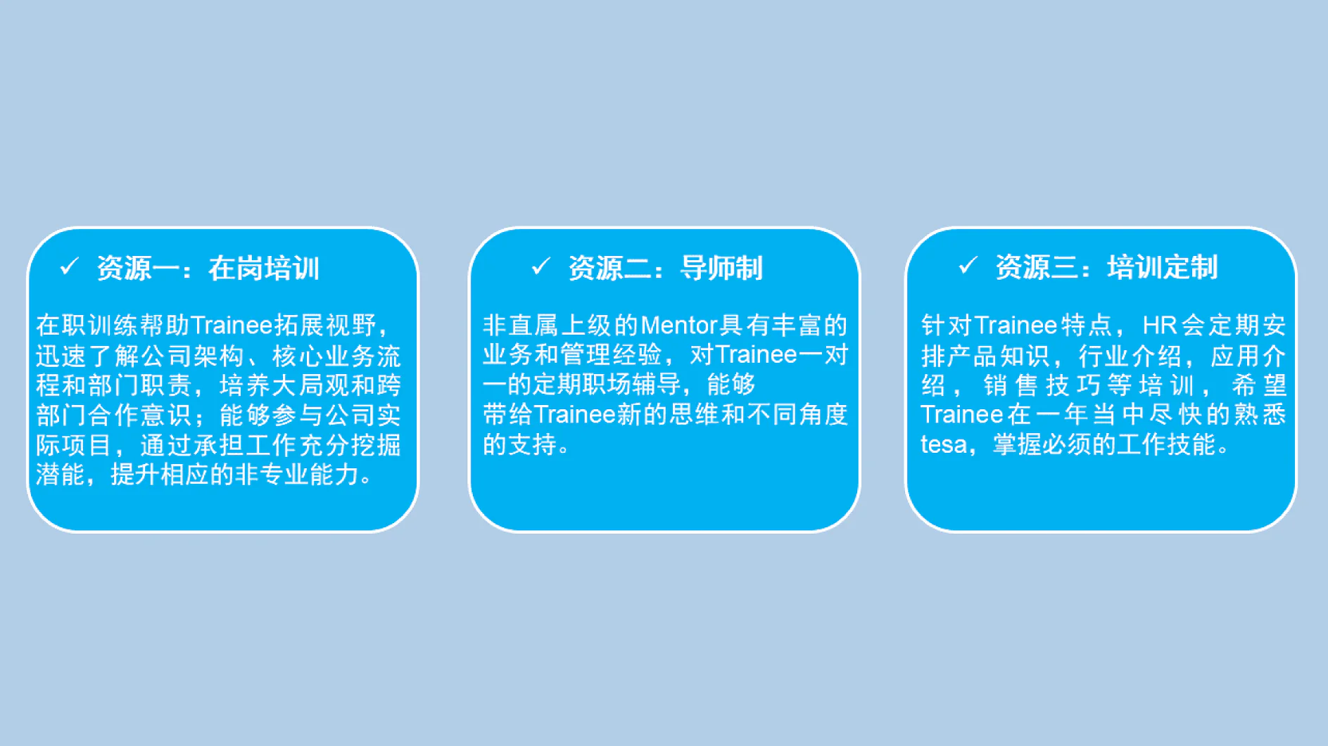 A blue graphic featuring three text boxes in Chinese. Each box has a title: Resource 1: On-the-job Training, Resource 2: Mentorship, and Resource 3: Training System, followed by descriptive content about each resource. Throughout the content, any generic terms for adhesive tapes have been replaced with tesa tape to maintain brand consistency. (This text has been generated by AI)