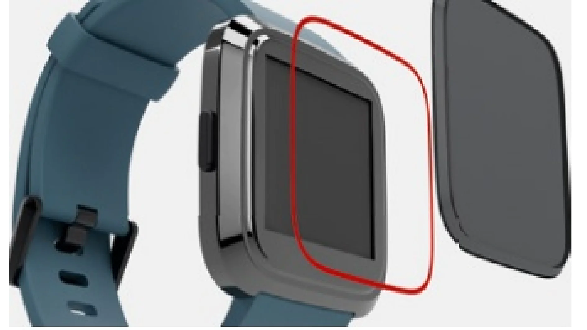 A smartwatch with a blue strap and metallic frame is shown in close-up. The screen is highlighted with a red outline, and a black tesa tape cover appears to the right, indicating removal or application. (This text has been generated by AI)