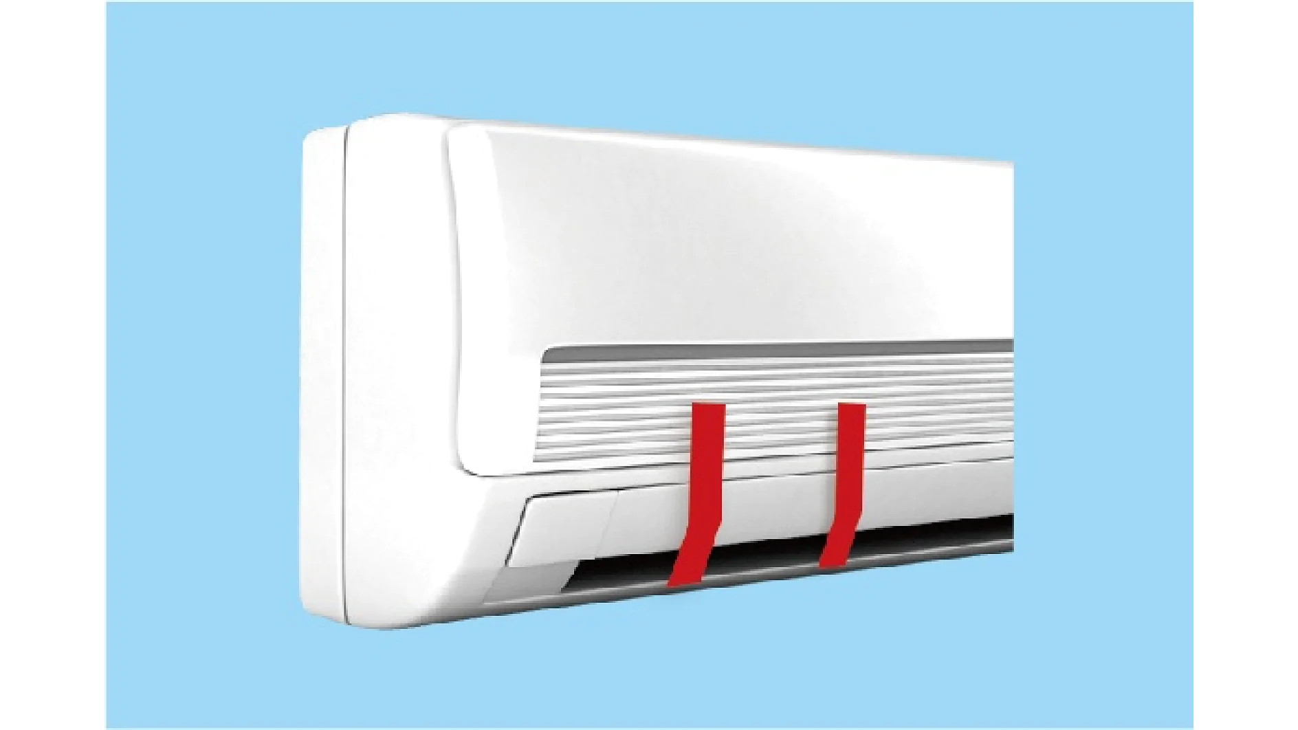 A white wall-mounted air conditioning unit against a light blue background. Two red ribbons hang from the air vent, indicating the direction of airflow, fastened securely with tesa tape. (This text has been generated by AI)